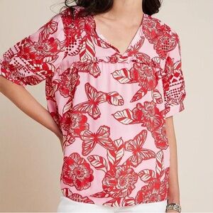 Anthropologie Vineet Bahl Inge Embroidered Floral Boho Top Size Small Pink Red